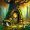 Firefly big tree with small door surrounded by large toadstools, ferns, moss, autumn leaves 3d...jpg